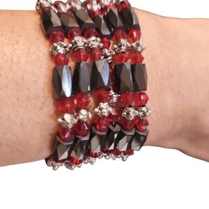 NWT Cookie Lee Women's Vintage Red/BlkGenuine Hematite Beaded Bracelet/Necklace